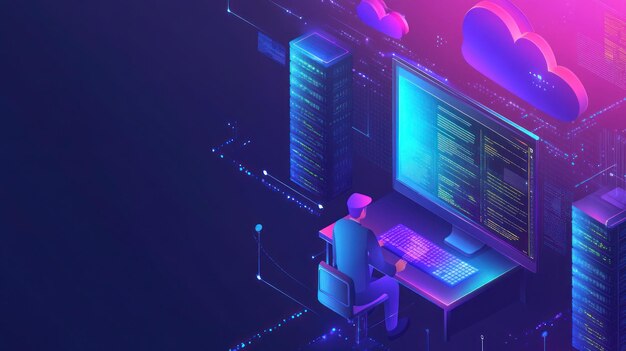 Programmerer som koder ved datamaskinserverrader, nettskybasert databehandling
