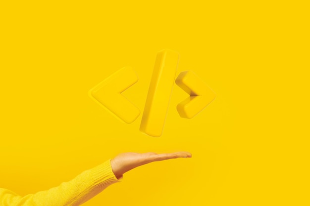 Programmering 3D render kodeikon Programmeringskodesymbol i hånden Koding eller Hacker bakgrunn Utvikling og programvarekonsept