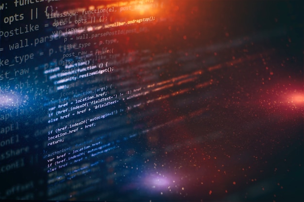 Programmeringskode for utviklere. Abstrakt datamaskinkode. Programmeringskode på skjermen til en programvareutvikler. Arbeidstid for programvareprogrammering.