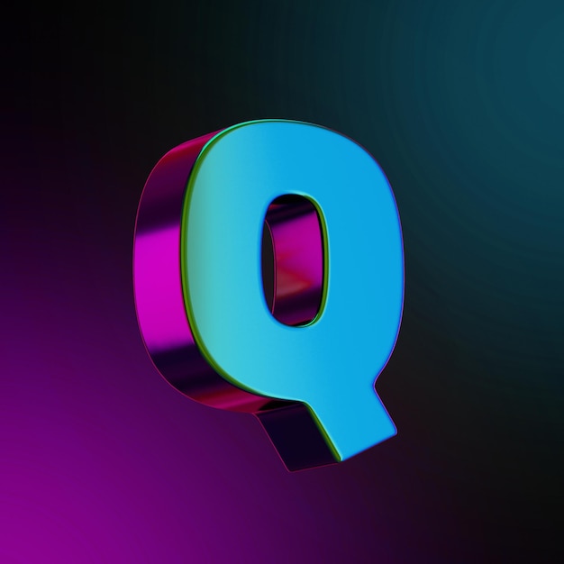 q letter Neon colored metal 3d rendered illustration blue and purple color isolated. 3D Illustration