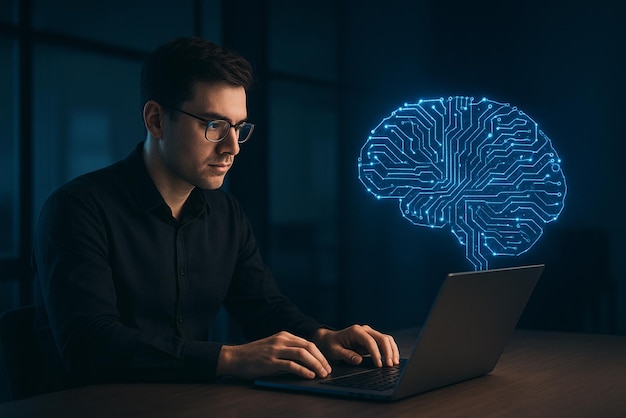 QA automation engineer writes autotest code in Python using AI on laptop