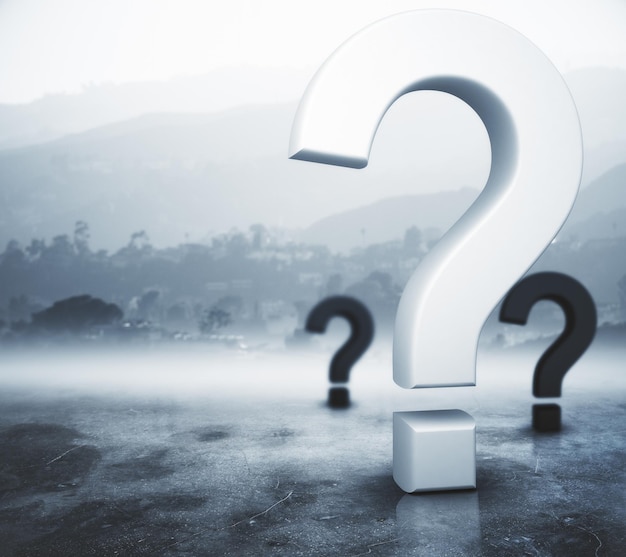 Question marks on abstract foggy gray background Ask concept 3D Rendering