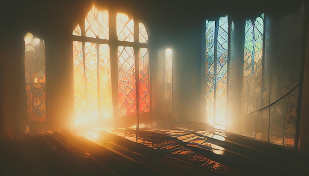 rainbow light swing through a stained glass window church digital art background