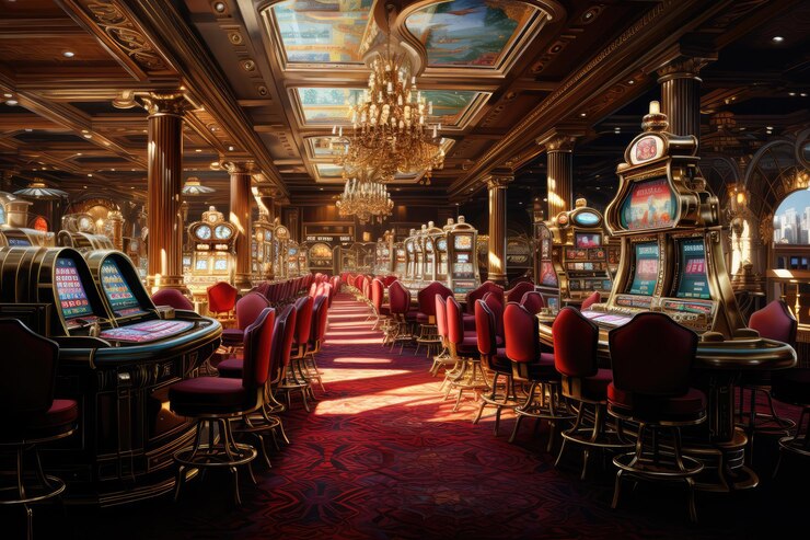 Realistic and beautiful image inside an illuminated casino hyperrealistic photography ai generated