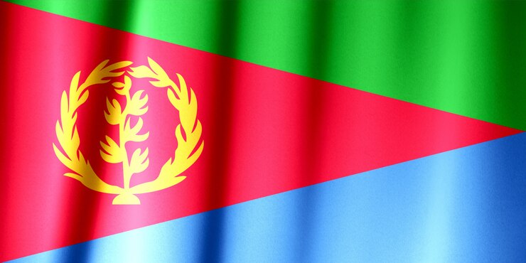 Foto realistic flag of eritrea on the wavy surface of fabric.