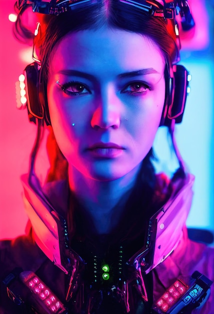 realistic portrait of a fictional girl with headphones. a modern girl with a cyber headset.