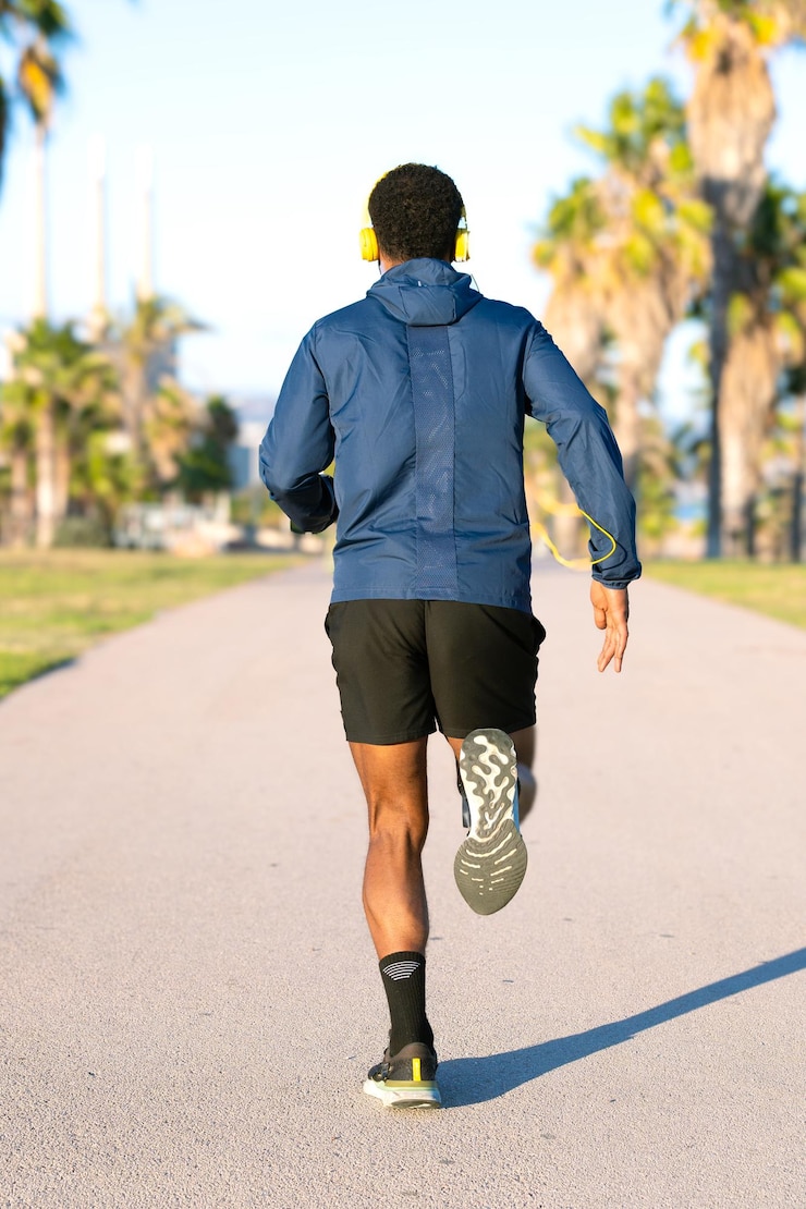 Foto rear view jockster running through city streets with a bottle of water vertical