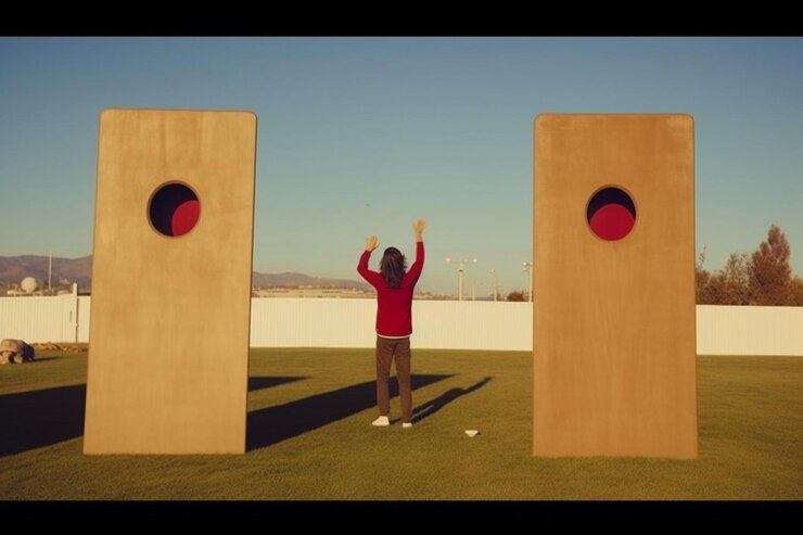 Foto rear view of a teenager throwing two bean hags while playing cornhole on a turf field