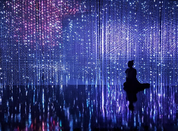 Rear view of silhouette woman sitting against illuminated decoration