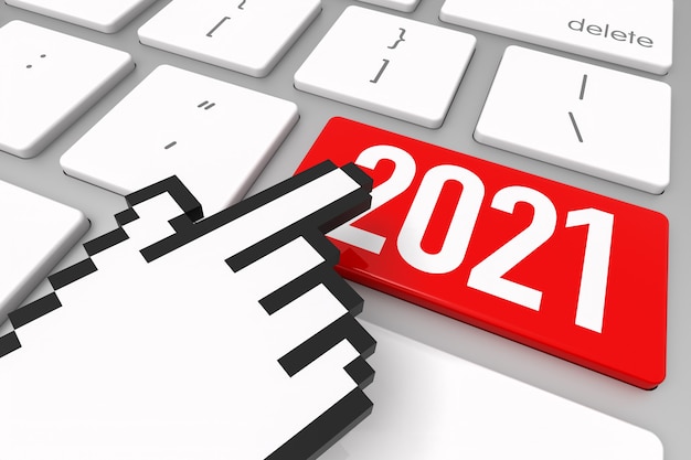 red 2021 enter key with hand cursor. 3d rendering