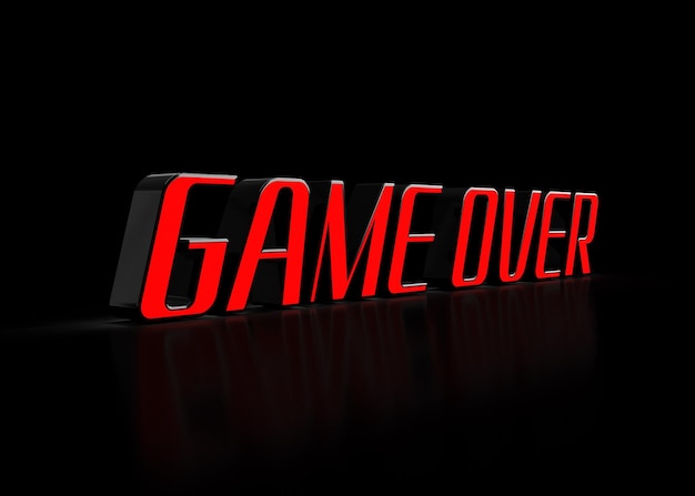 Red and black game over sign reflecting on a white background