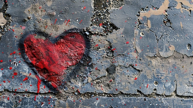Red heart painted on a grungy wall with peeling paint The heart is dripping red paint