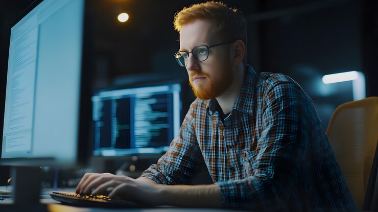 Foto redhaired man typing on a computer keyboard in a dark room