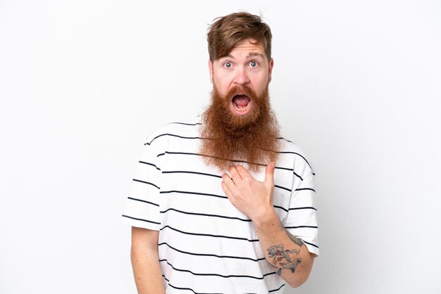 redhead man with beard isolated on white background pointing to oneself