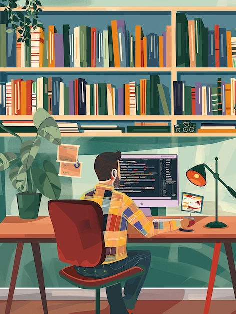 Remote worker in home office with bookshelves in the background
