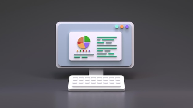 Report with histogram and graph on computer screen 3d render illustration