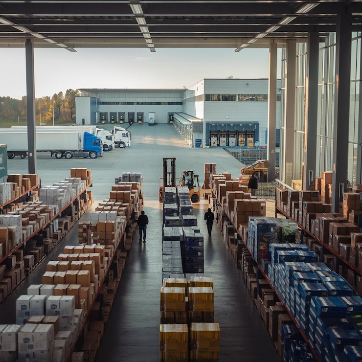 Foto retail warehouse full of shelves with goods in cartonslogistics and transportation blurred background