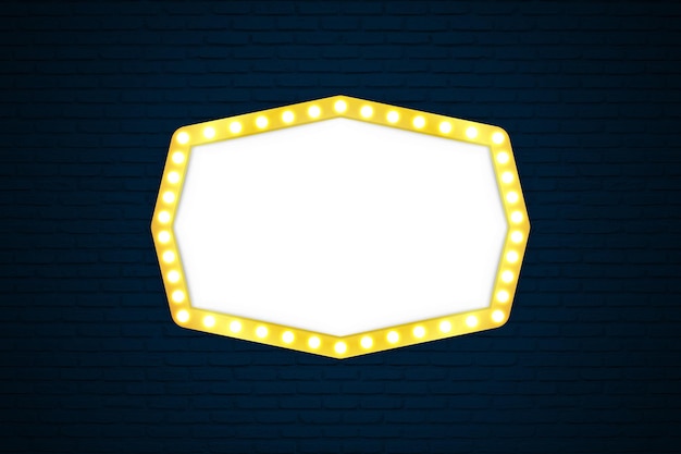 Retro frame with glowing lamps on blue brick wall