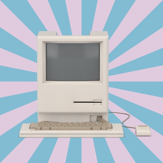 Retro personlig datamaskin på en vintage stjerneformet rosa og blå bakgrunn. 3d-rendering