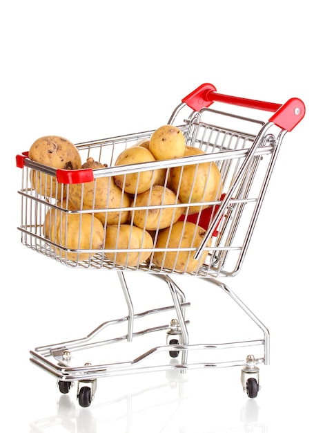 Ripe potatoes in trolley isolated on white