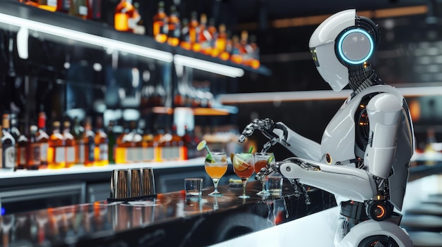 Robot bartender preparing cocktails in a hightech bar environment Futuristic mixology and nightlife innovation concept