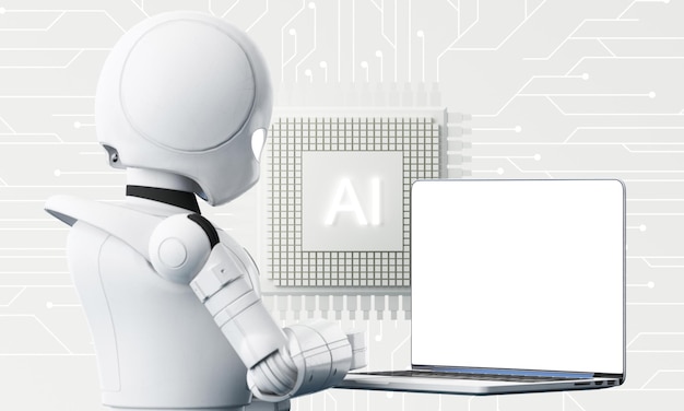 robot cybernetic organism works with a virtual hud interface in reality and ai chip with cogwheel humanoid robot with a plastic face presses on the digital screen future concept 3d rendering