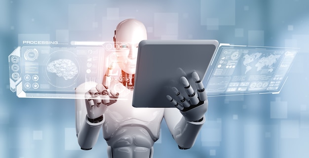 robot humanoid using tablet computer in concept of ai thinking brain