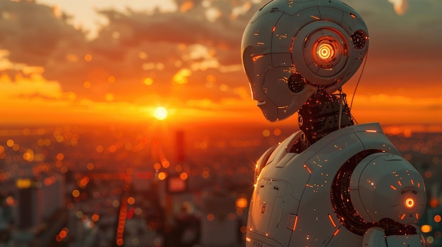 Robot in Suit in Modern Office with Sunset View and Cinematic Lighting