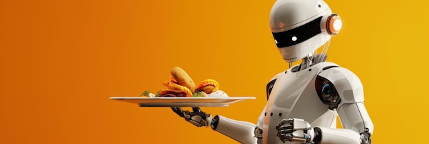 Robot serving food against a vibrant orange background Concept of automation in the culinary industry Ideal for modern restaurant technology and food service innovation