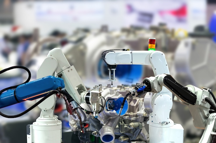Foto robotarm motorproduksjon industri 4.0 tingenes teknologi ved hjelp av kontroller