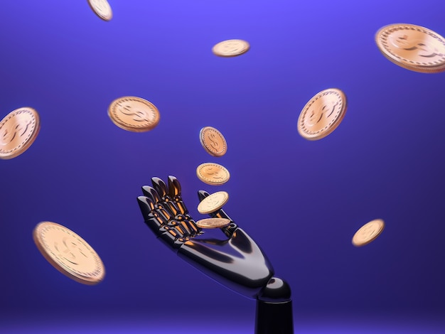 Robots generating money represented with coins and banknotes