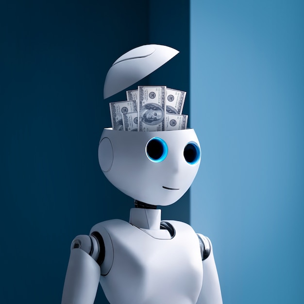 Robots generating money represented with coins and banknotes