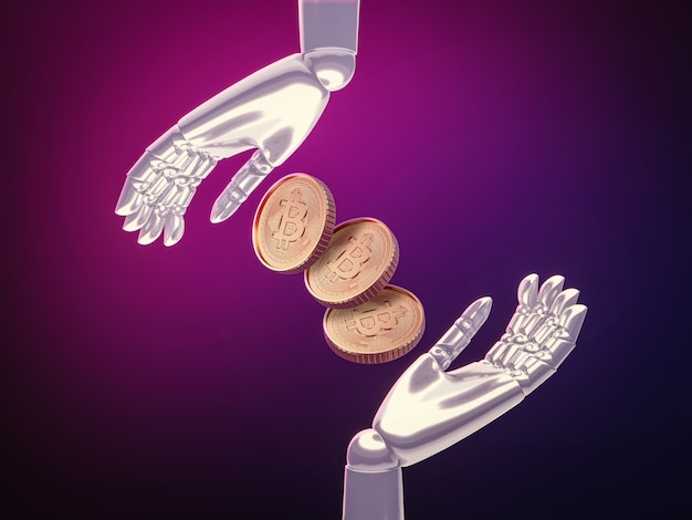 Robots generating money represented with coins and banknotes