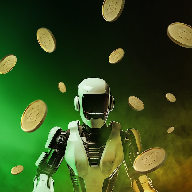 Robots generating money represented with coins and banknotes
