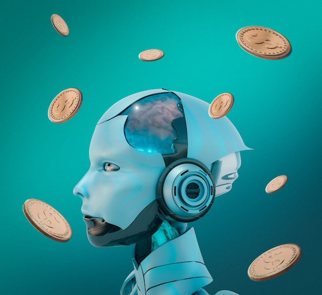 Robots generating money represented with coins and banknotes