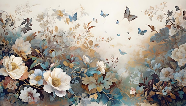 Romantic Botanical Illustration With Lush Flowers And Butterflies Watercolor botanical wallpaper