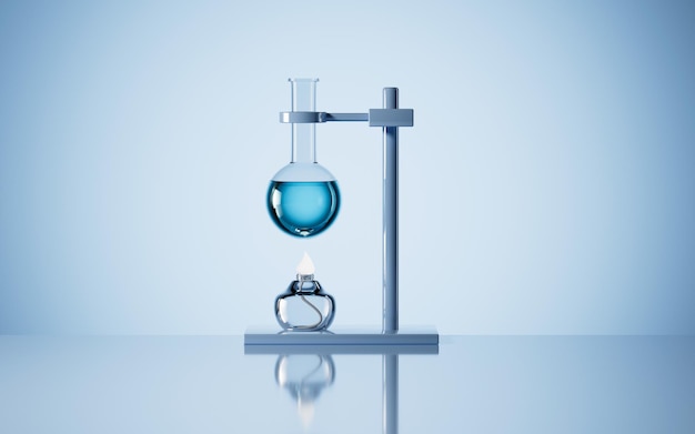 Round flask and alcohol lamp in the lab 3d rendering