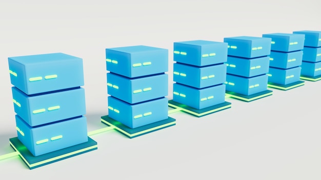 row of database servers connected in a row in white scene 3d illustration