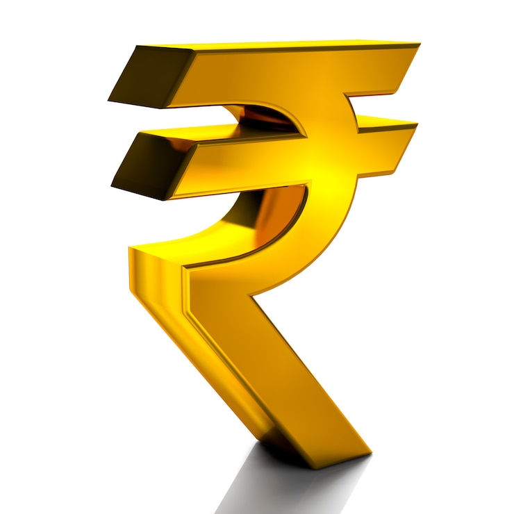 Foto rupee currency sign symbols gold color 3d render isolated on white background