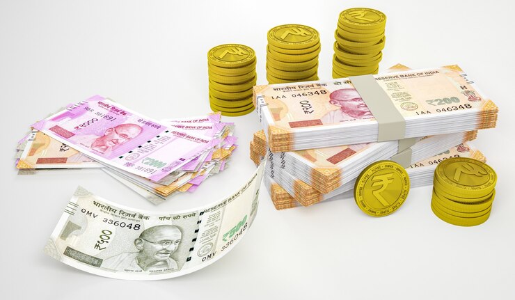 Foto rupee symbol sign on golden coin and notes isolated on white background