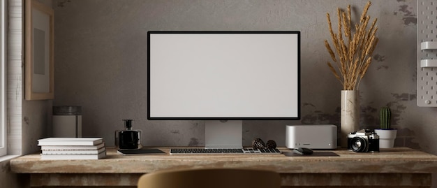 Rustic workspace studio with computer desktop mockup and accessories on rustic wood table