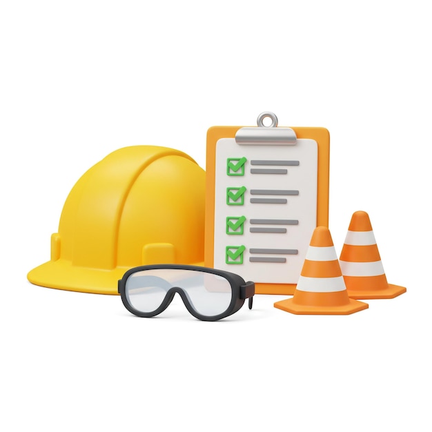 Safety Gear Checklist with Hard Hat Cones and Glasses on White