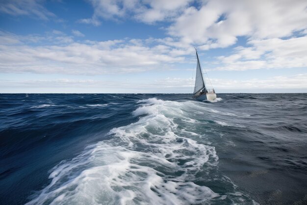 Sailing boat dashing across the open ocean with waves rolling created with generative ai
