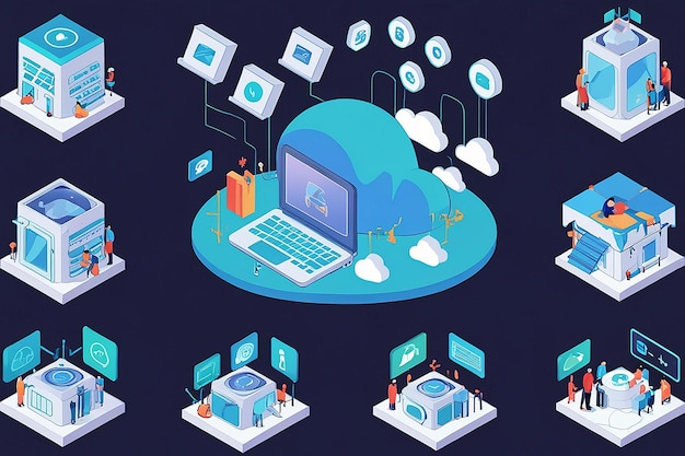 Sammensetning av Cloud Computing-tjenester i isometrisk stil