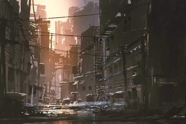 scenery of dirty street in abandoned city at sunset with digital art style, illustration painting