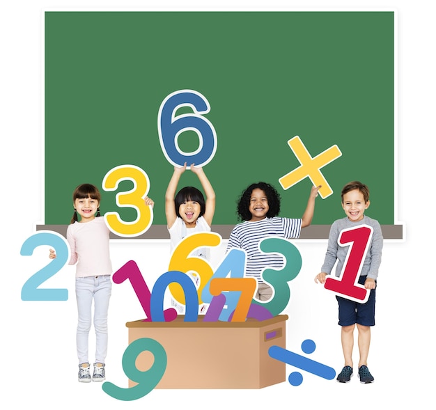 School kids learning numbers png transparent background