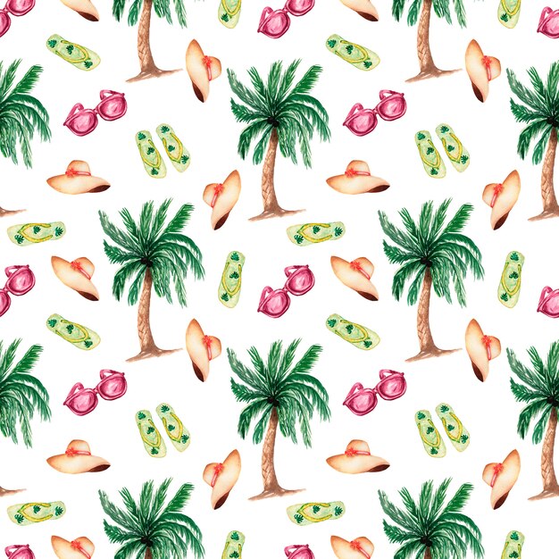 Seamless background with watercolor summer symbols-palm tree,flat slippers shoes,hat and sun glasses.Summer season pattern.