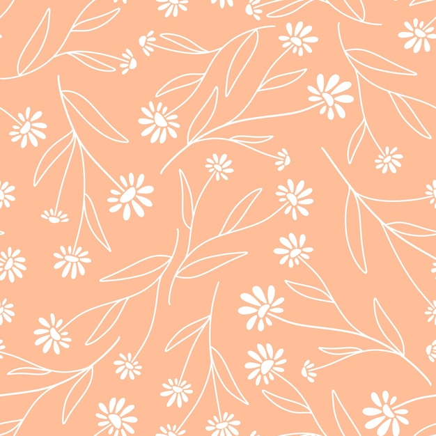 Seamless pattern of daisies on stems with leaves on peach fuzz background digital illustration