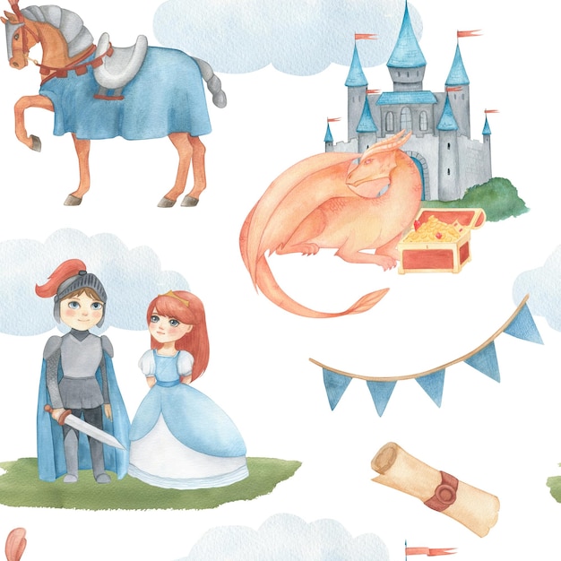 seamless pattern with watercolor illustration of a flags in red and blue and castle knight or prince
