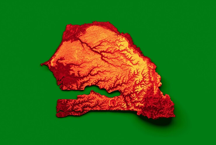 Foto senegal map with the flag colors blue and red shaded relief map 3d illustration